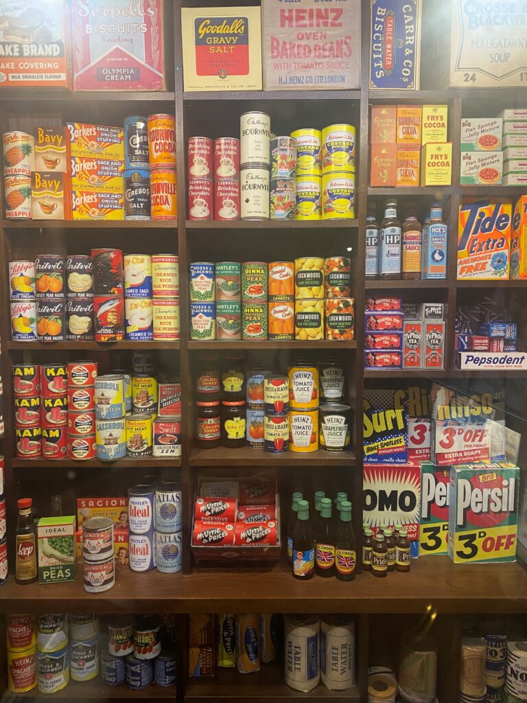 A photograph of many types of branded food packages displayed on shelves